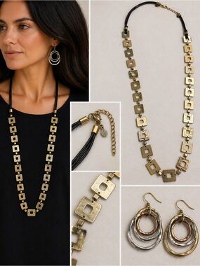 Chico’s Hammered Champagne Gold Necklace + Matching Earrings Set